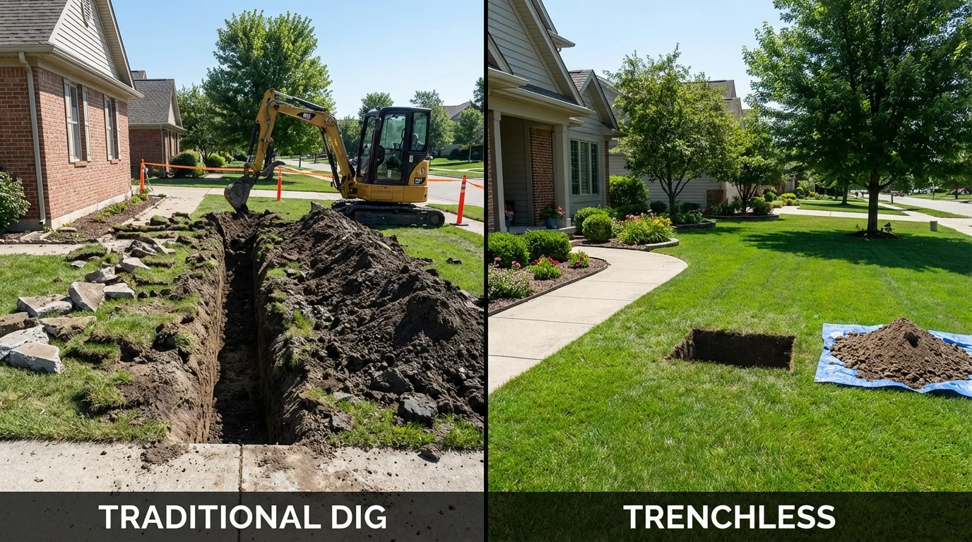 Trenchless sewer repair with minimal yard damage versus traditional excavation in Lee, NH